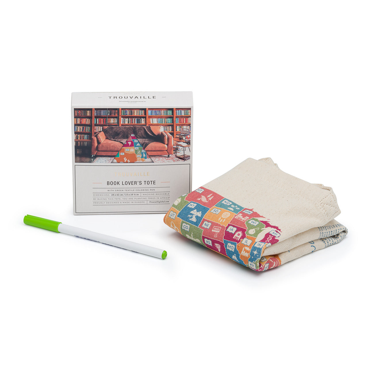 BOOKUSATOTE high quality 100% cotton tote bag with Book Lover's tote map and colouring textile pen.