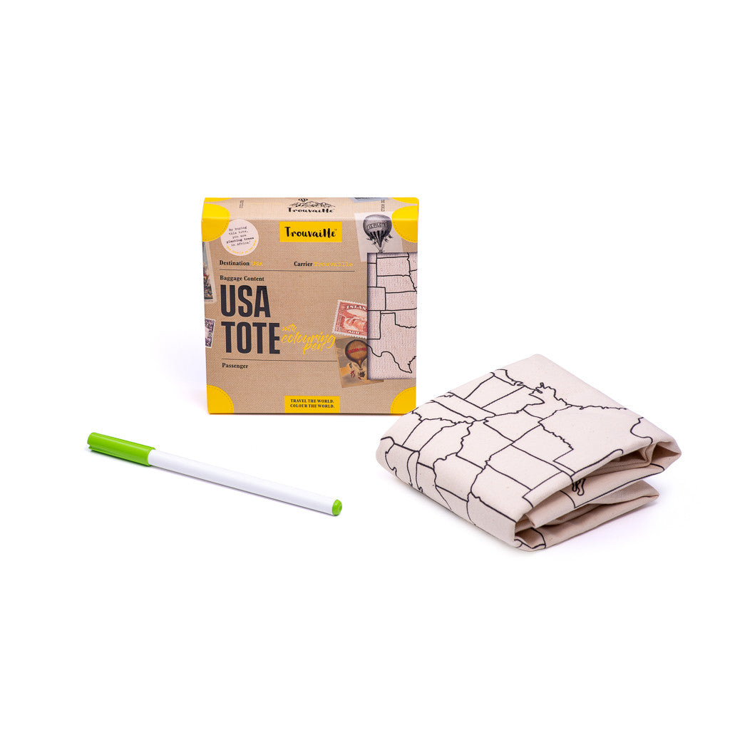 USATOTE high quality 100% cotton tote bag with USA map and colouring textile pen. 
Made in Europe. 
Registered design by Trouvaille™ 
Travel the World. Colour the World.