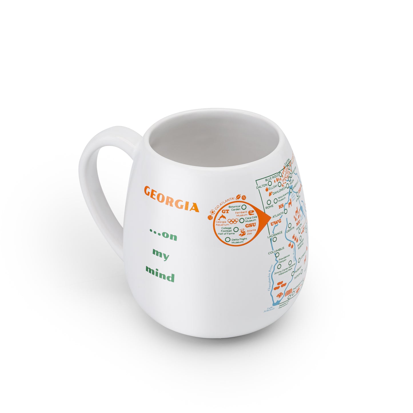 Left side detail of Georgia travel checklist mug, ready to color in visited places across the state