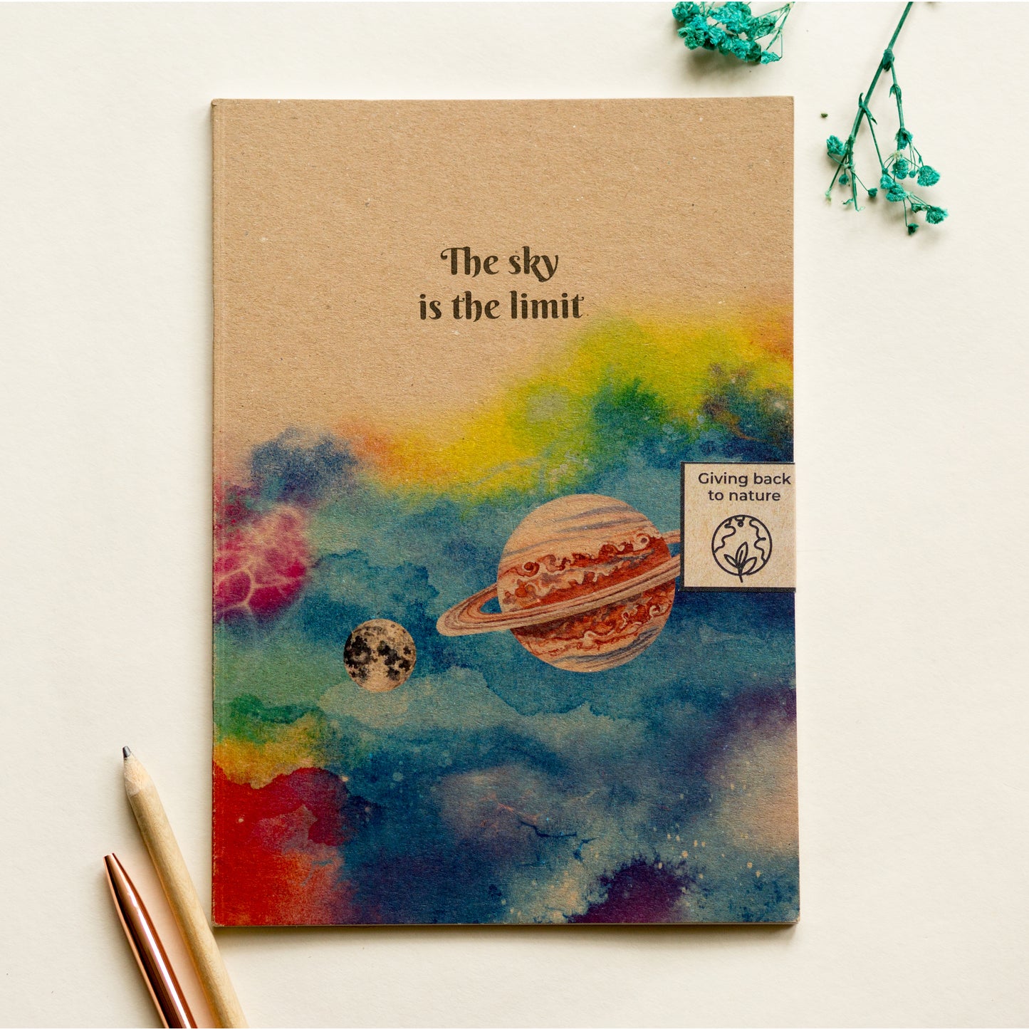 Galaxy and planets recycled notebook, “The sky is the limit” space themed eco friendly journal