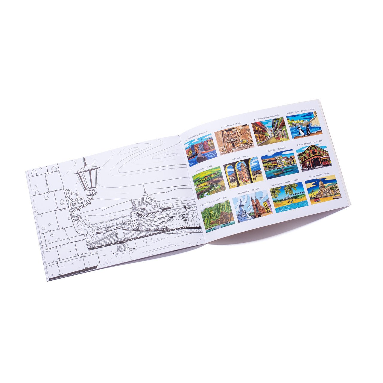 Travel colouring book with open pages showing Budapest (Hungary) and coloured illustrations on the last page.