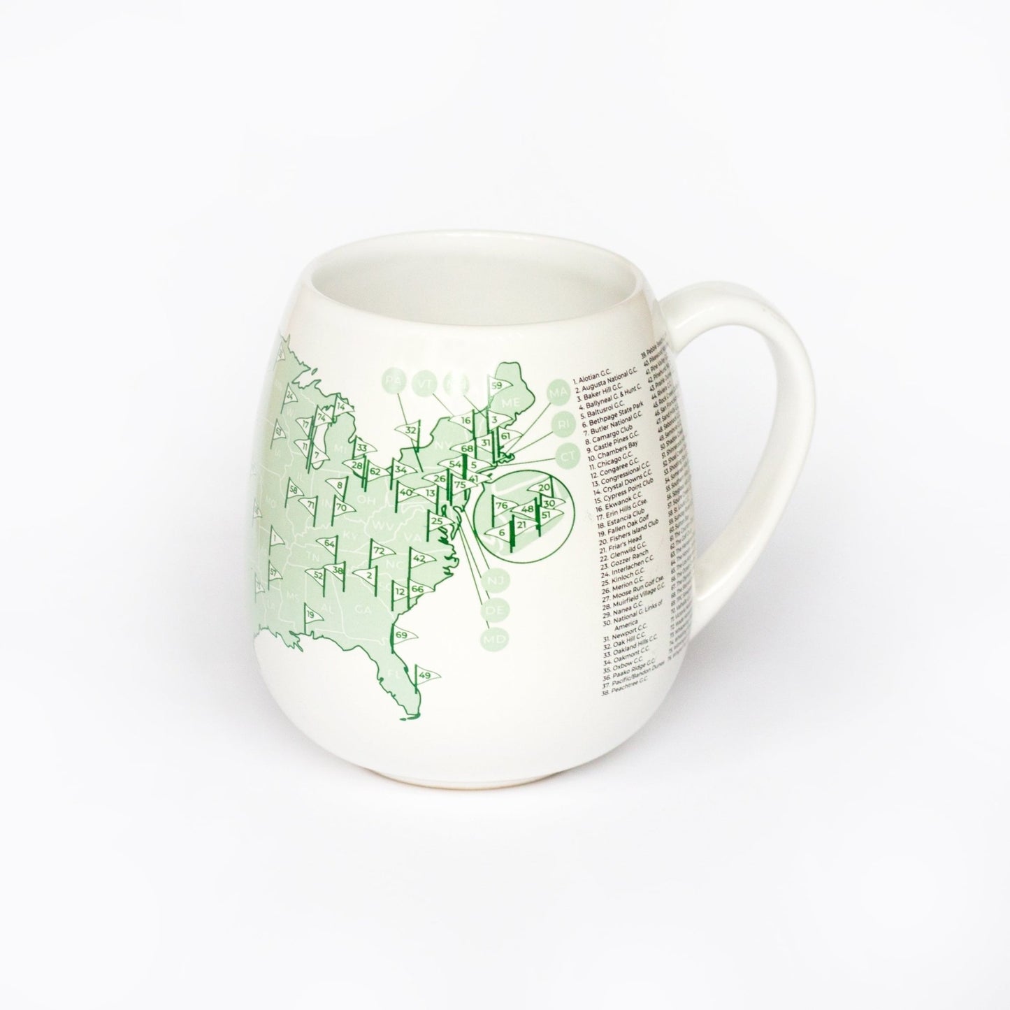 Right side detail of US golfer’s bucket list mug for marking completed golf courses, gift for golf fans