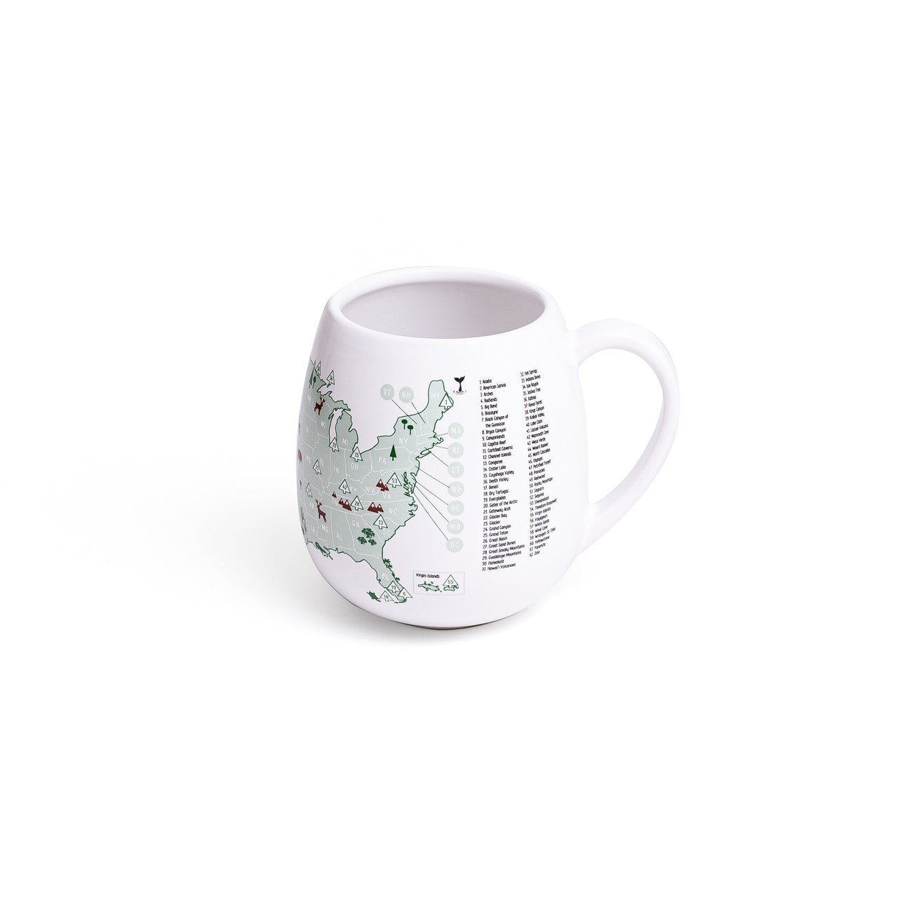 Right side detail of US national parks bucket list mug showing East Coast states and the legend.