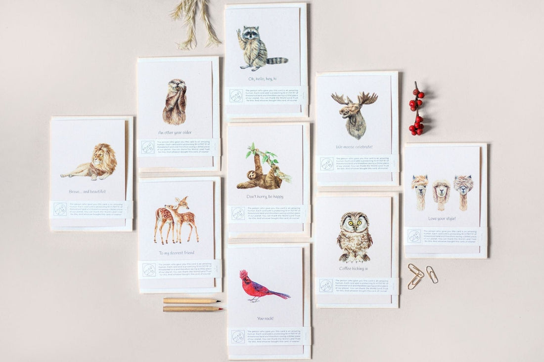 Sample of nine greeting cards with animal illustrations and cute captions laid flat on a plain surface