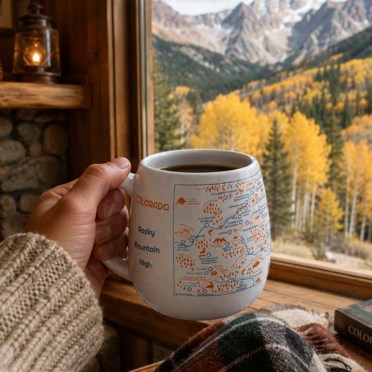 Person holding a Colorado-themed mug in a cabin with a scenic mountain view and aspen trees through a window.