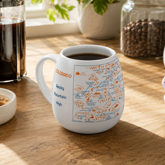 White mug with a Colorado map design to track trips and experiences placed on a wooden kitchen counter with coffee.