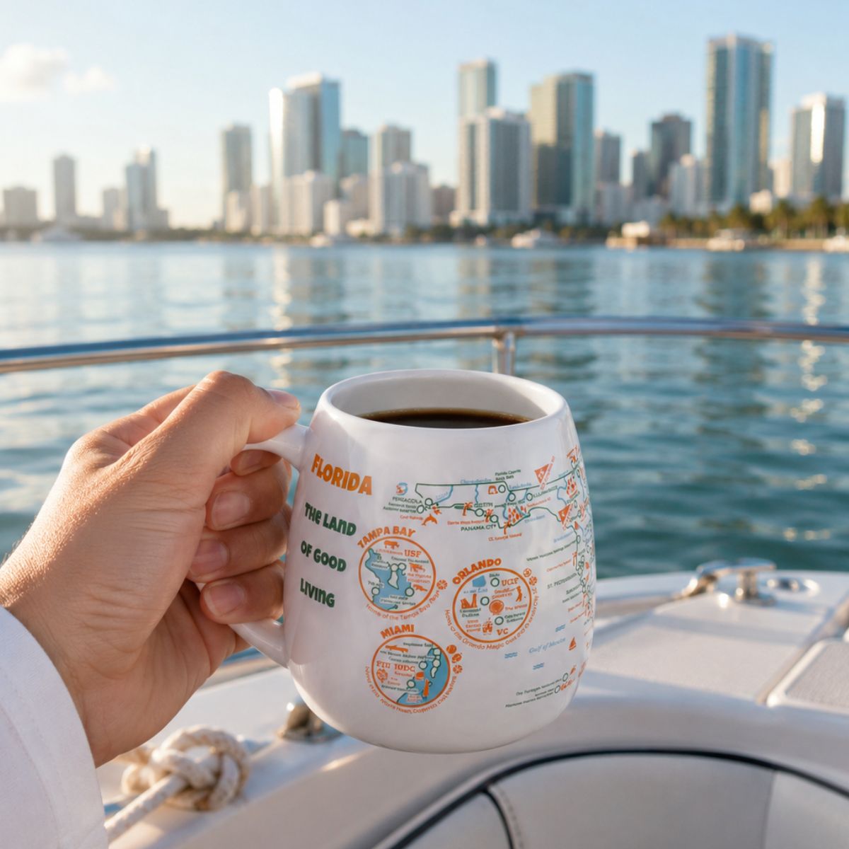Person holding a Florida color-in mug on a boat with the Miami skyline in the background
