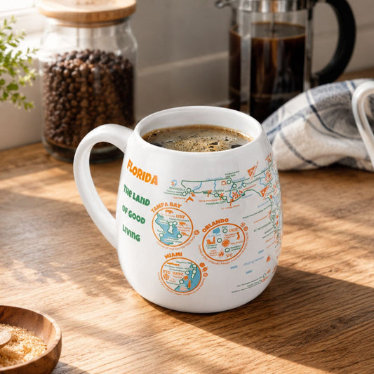 White mug with a Florida map design to track trips and experiences placed on a wooden kitchen counter with coffee.