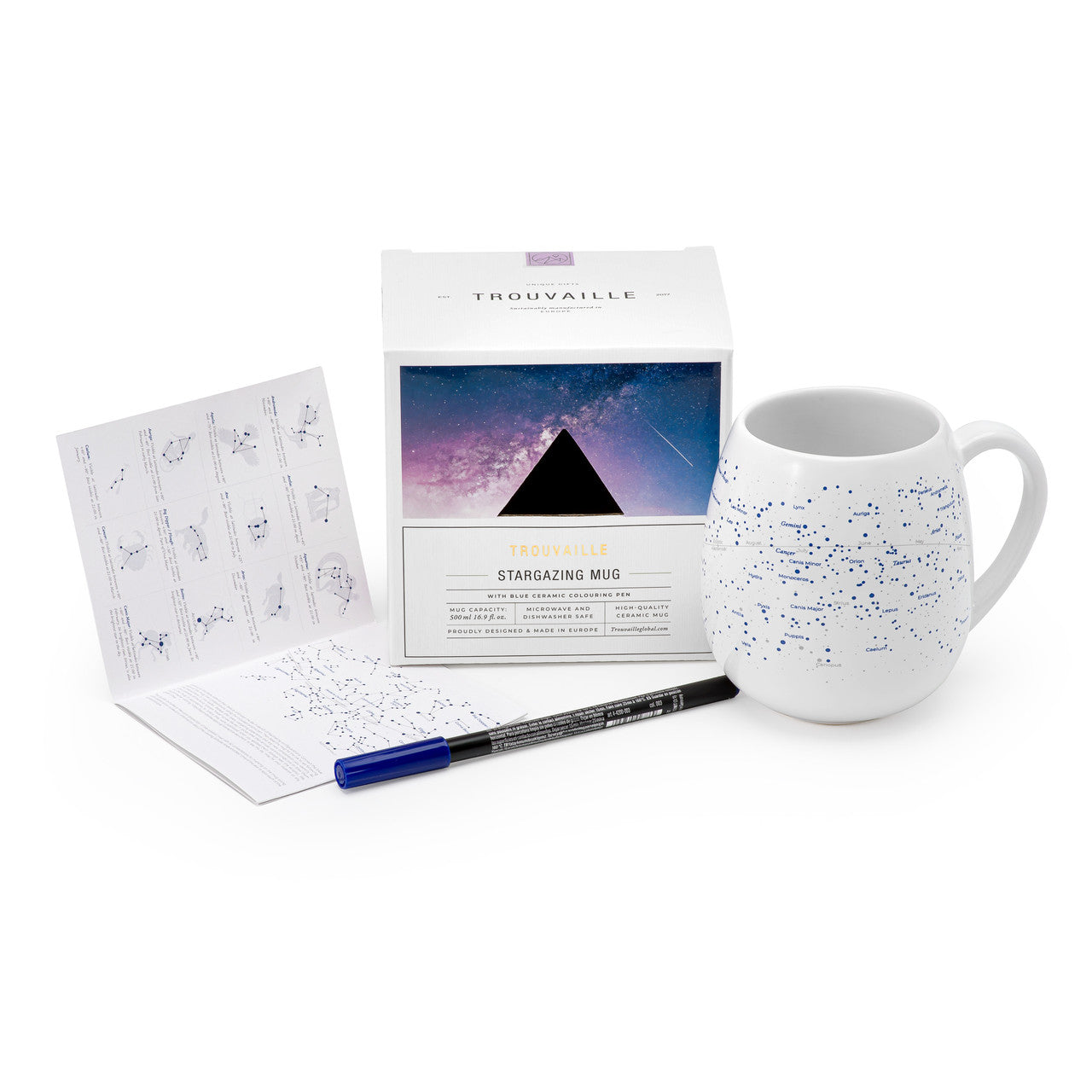 STARMUG high quality ceramic mug with sky map, stargazing guide and blue colouring pen. Packaging.
Dishwasher and Microwave safe. Made in Europe.
Registered design by Trouvaille™ 