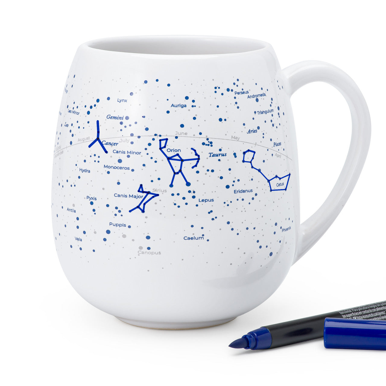 STARMUG high quality ceramic mug with sky map, stargazing guide and blue colouring pen. Constellations.
Dishwasher and Microwave safe. Made in Europe.
Registered design by Trouvaille™ 