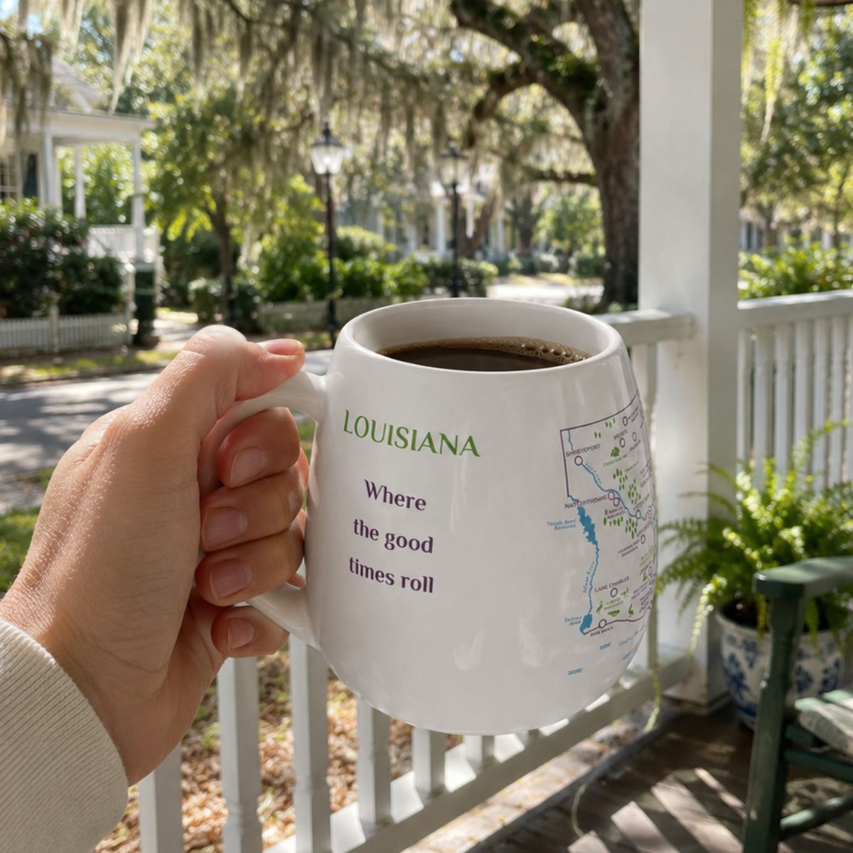 Person holding a Louisiana color-in mug on a porch in a sunny day