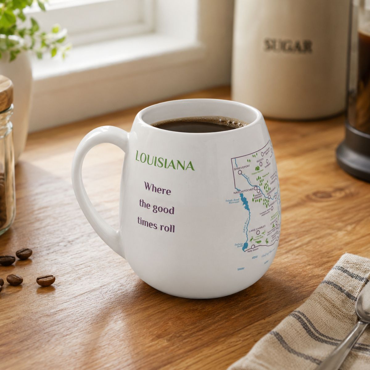 White mug with a Louisiana map design to track trips and experiences placed on a wooden kitchen counter with coffee.