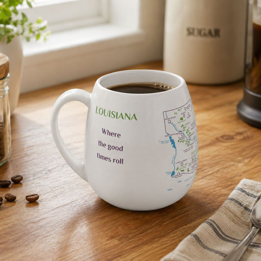 White mug with a Louisiana map design to track trips and experiences placed on a wooden kitchen counter with coffee.