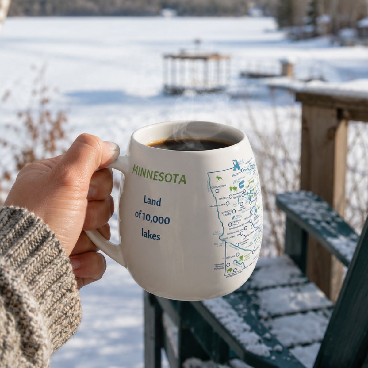 Hand holding a Minnesota color-in mug outdoors in winter