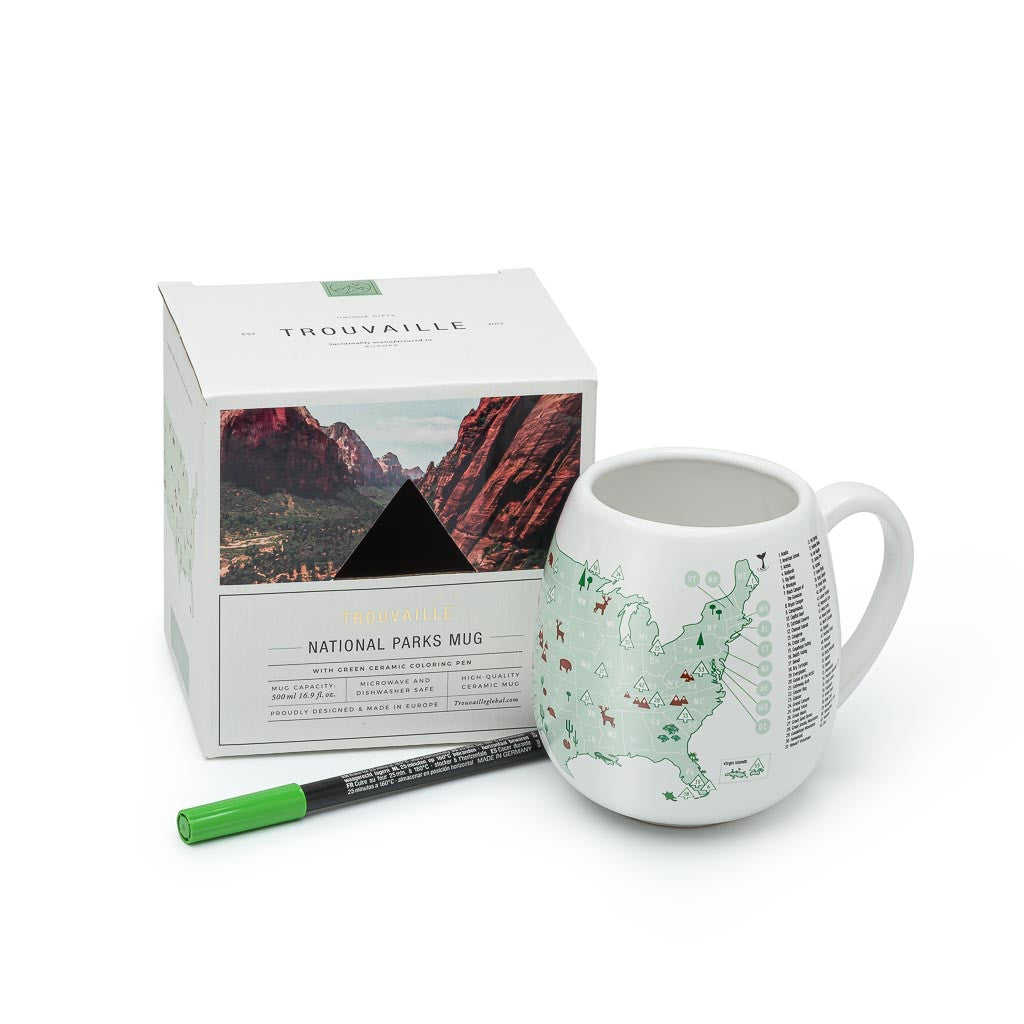 USA National Parks colour in ceramic mug with colouring pen. Recyclable, plastic-free packaging.