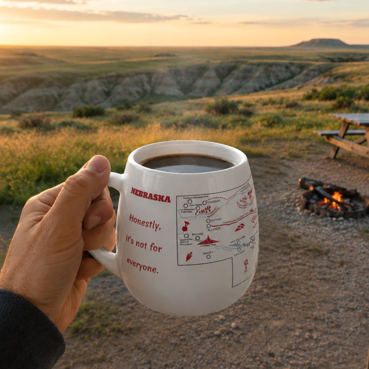 Person holding a Nebraska color-in mug outdoors with a scenic landscape in the background during sunset
