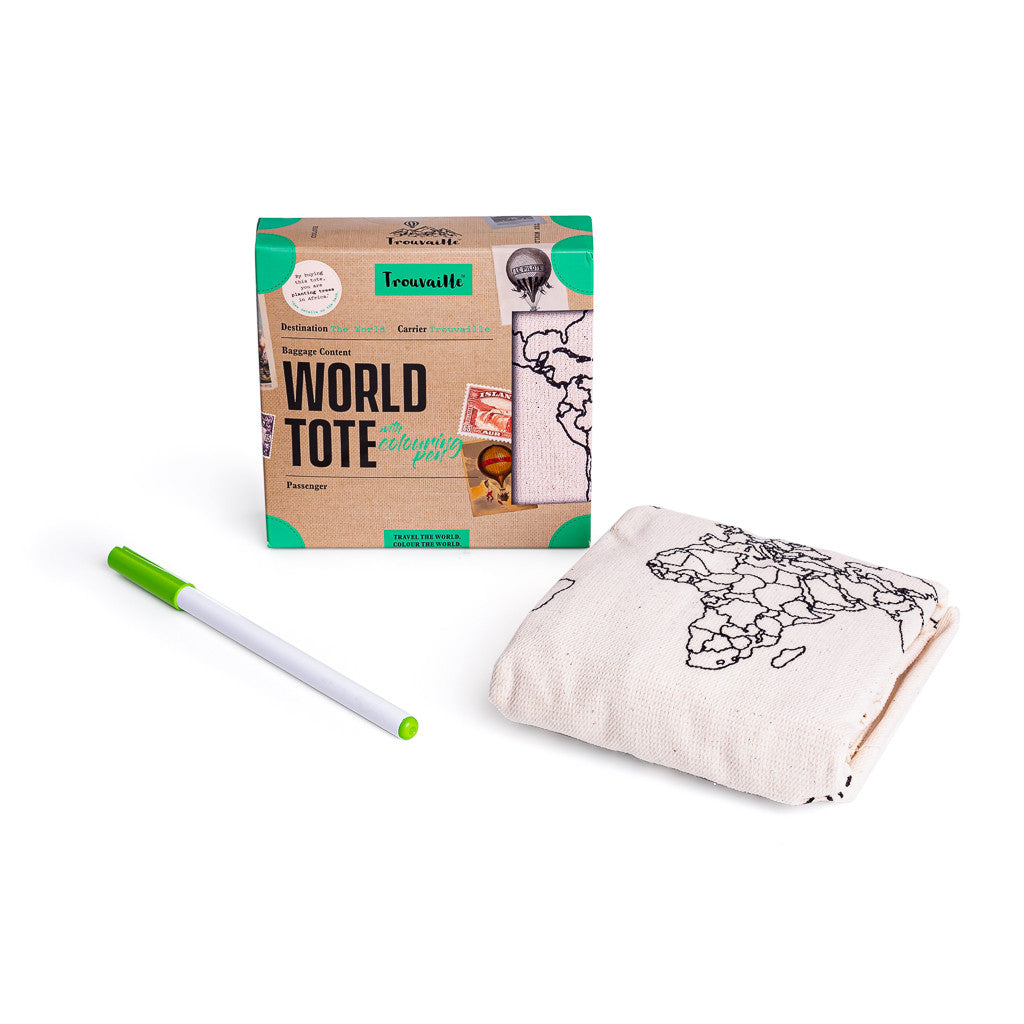 WORLDTOTE high quality 100% cotton tote bag with map and colouring textile pen. 
Made in Europe. 
Registered design by Trouvaille™ 
Travel the World. Colour the World.