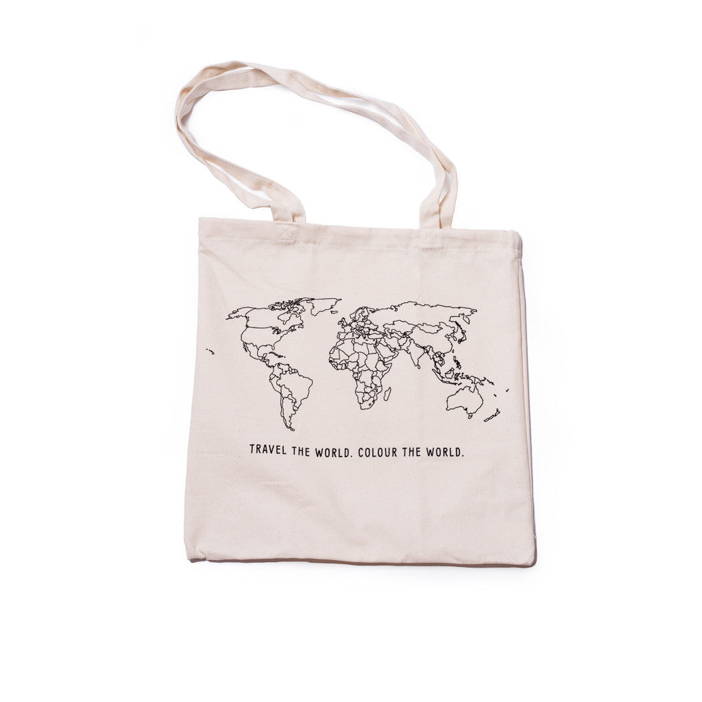 WORLDTOTE high quality 100% cotton tote bag with map and colouring textile pen. 
Made in Europe. 
Registered design by Trouvaille™ 
Travel the World. Colour the World.