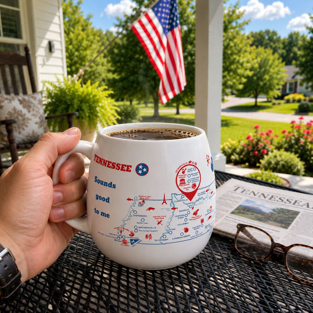 Person holding a Tennessee color-in mug filled with coffee on a porch in a sunny day