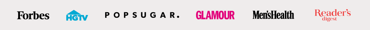 A banner including the logos of publications where Trouvaille products have been featured, including Forbes, HGTV, Glamour and Reader's Digest among others.