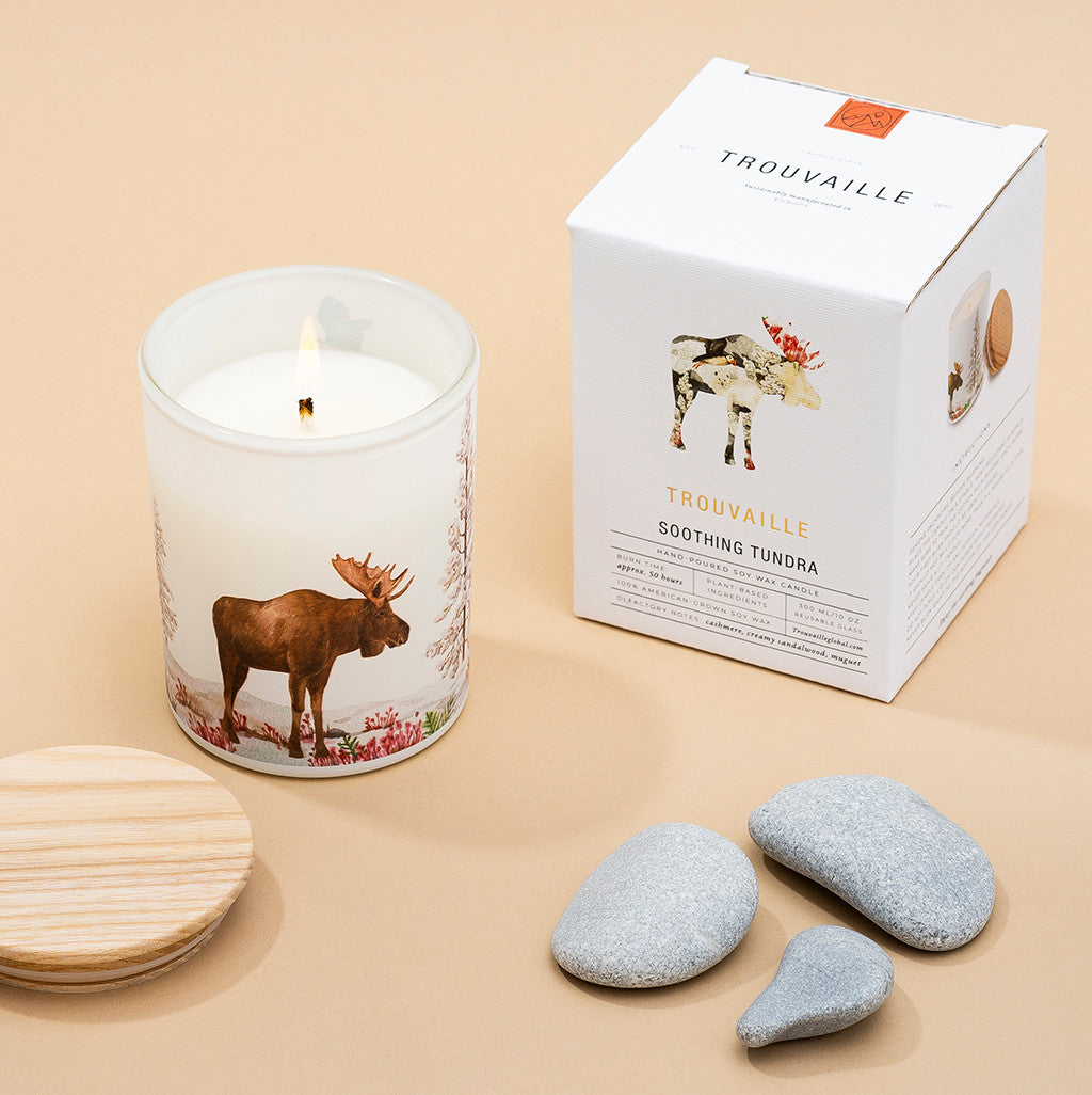 Trouvaille Global | Save The Planet Scented Soy Candle | Soothing Tundra w packaging lifestyle