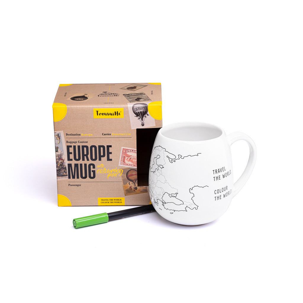 EUROPEMUG high quality ceramic mug with Europe map and colouring pen. 
Dishwasher and Microwave safe. Made in Europe. 
Registered design by Trouvaille™ 
Travel the World. Colour the World.