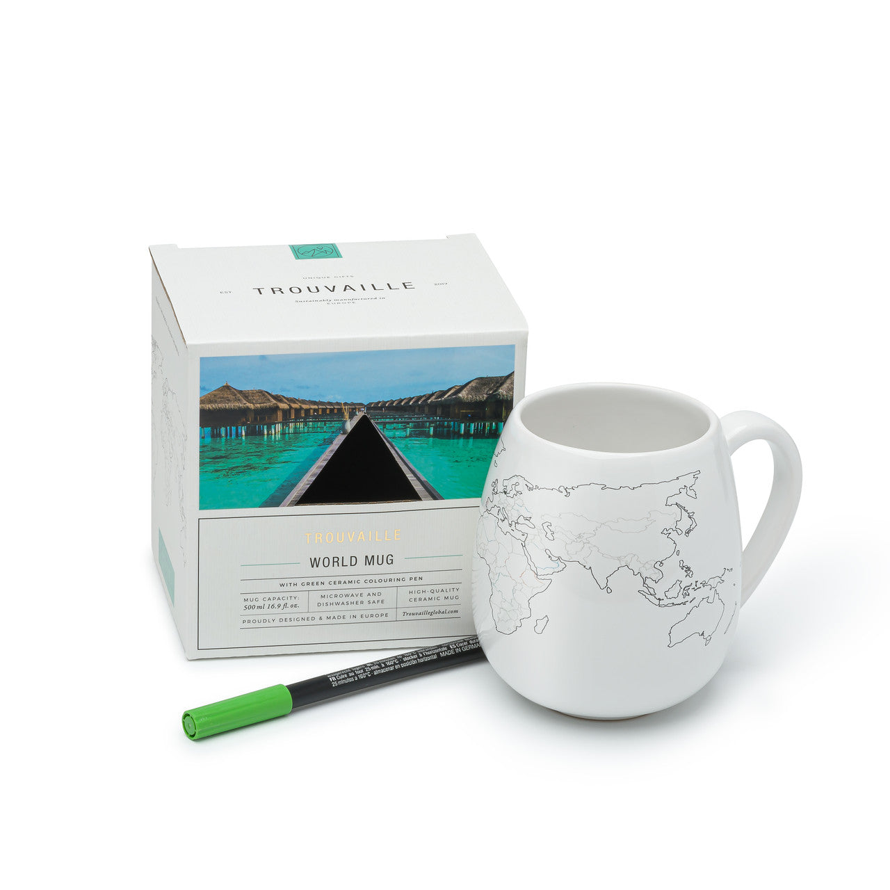 WORLDMUG high quality ceramic mug with world map and colouring pen in recyclable packaging.
Dishwasher and Microwave safe. Made in Europe.
Registered design by Trouvaille™ 