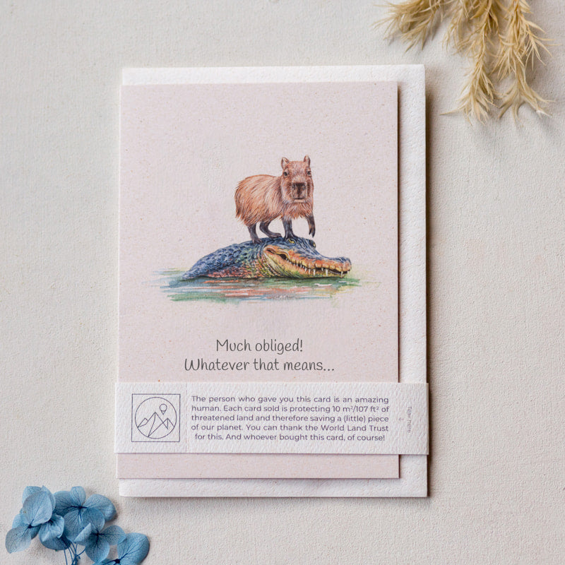 Capybara illustration thank you greeting card printed on recycled paper, cute eco friendly card for animal lovers
