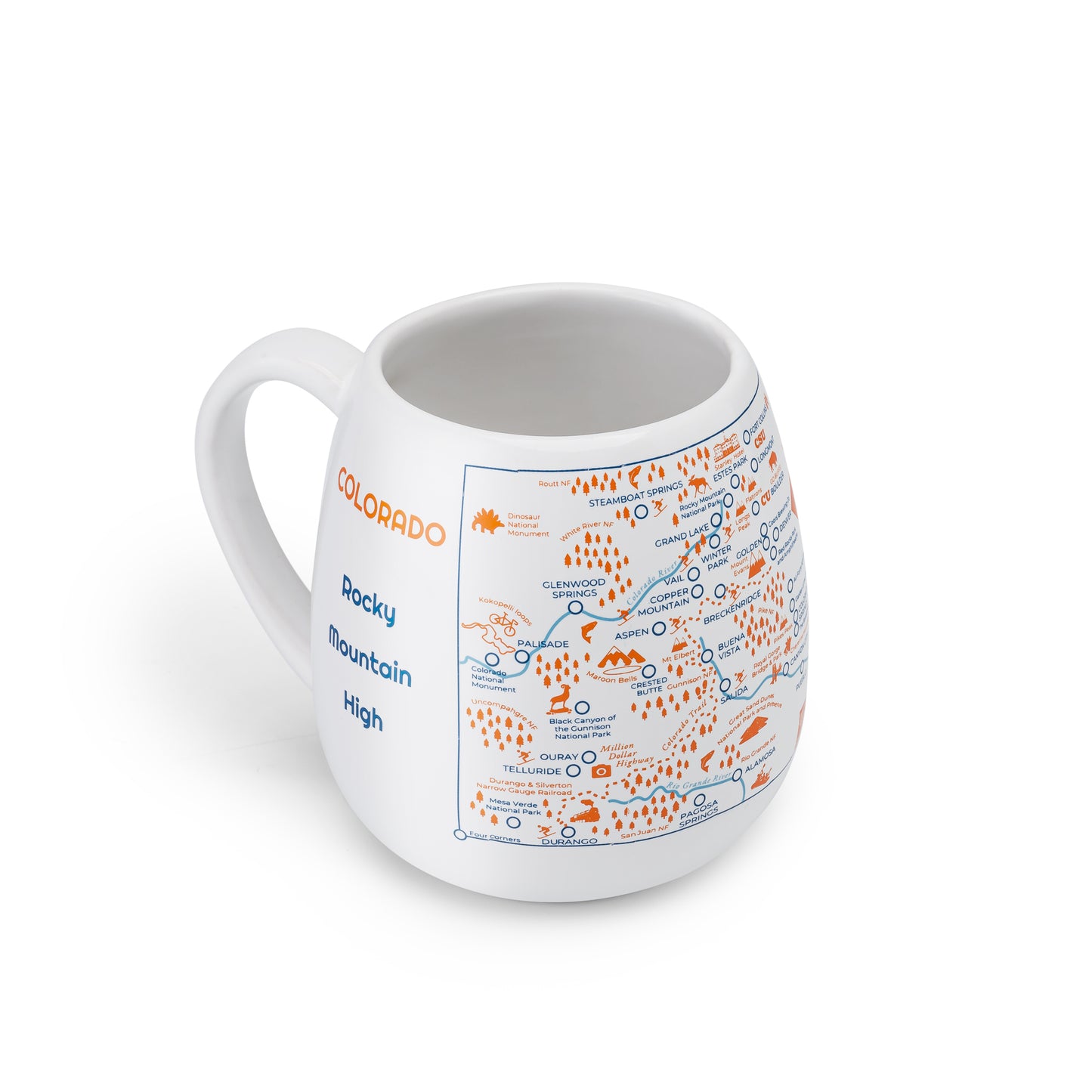 Left side detail of Colorado travel checklist mug, ready to color in visited places across the state