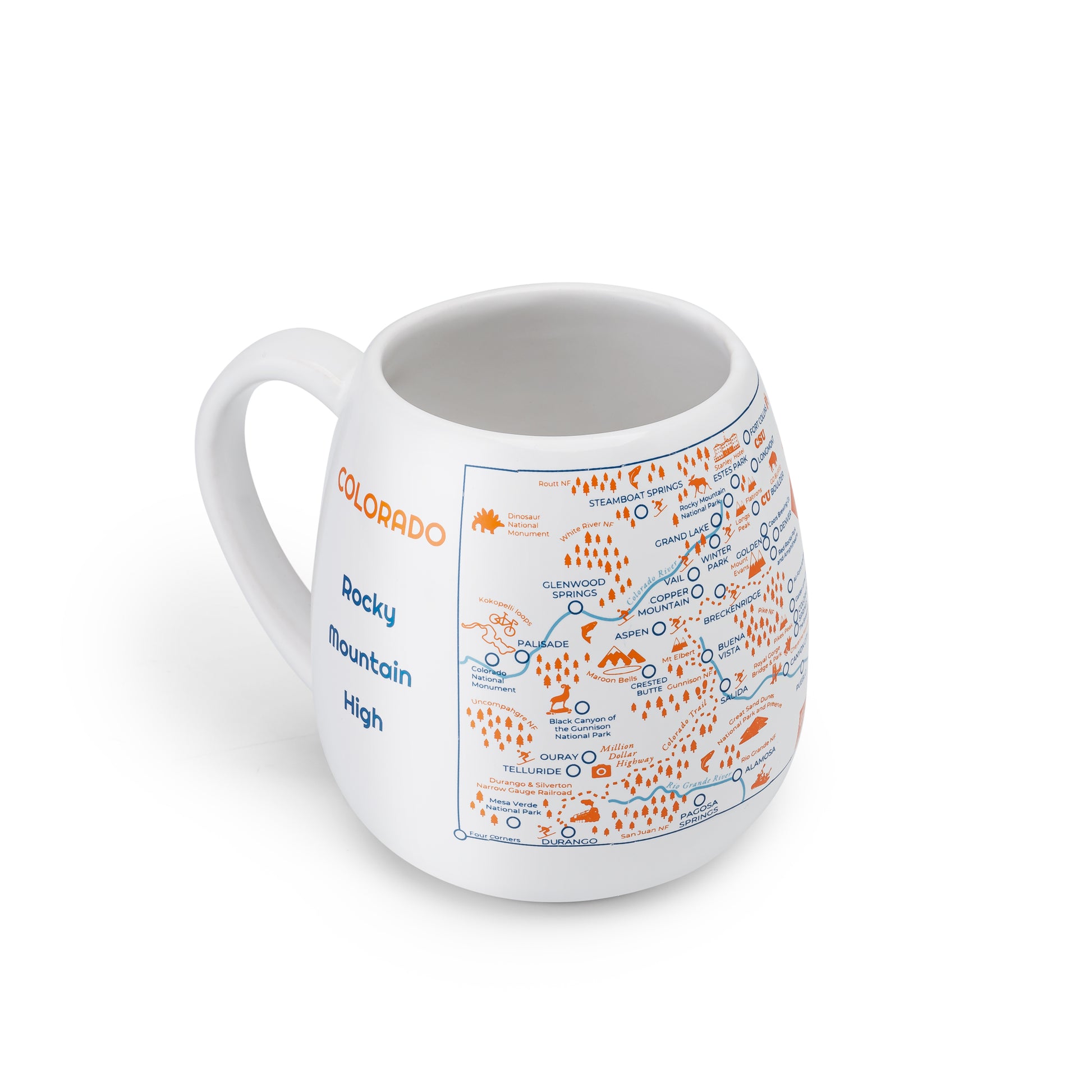 Left side detail of Colorado travel checklist mug, ready to color in visited places across the state