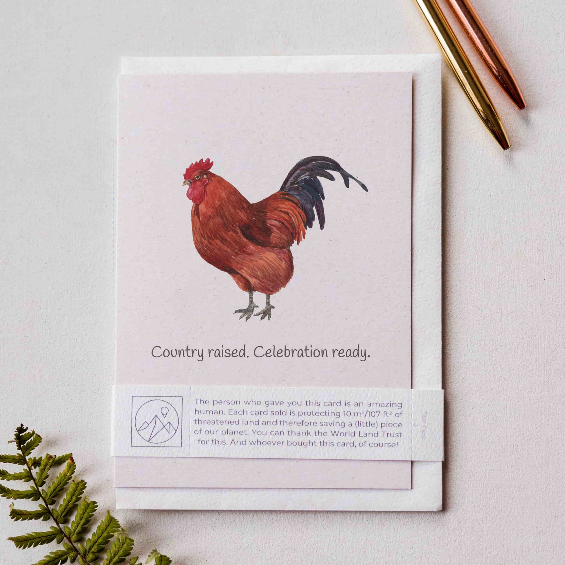 Card that gives back featuring a chicken illustration on a light background