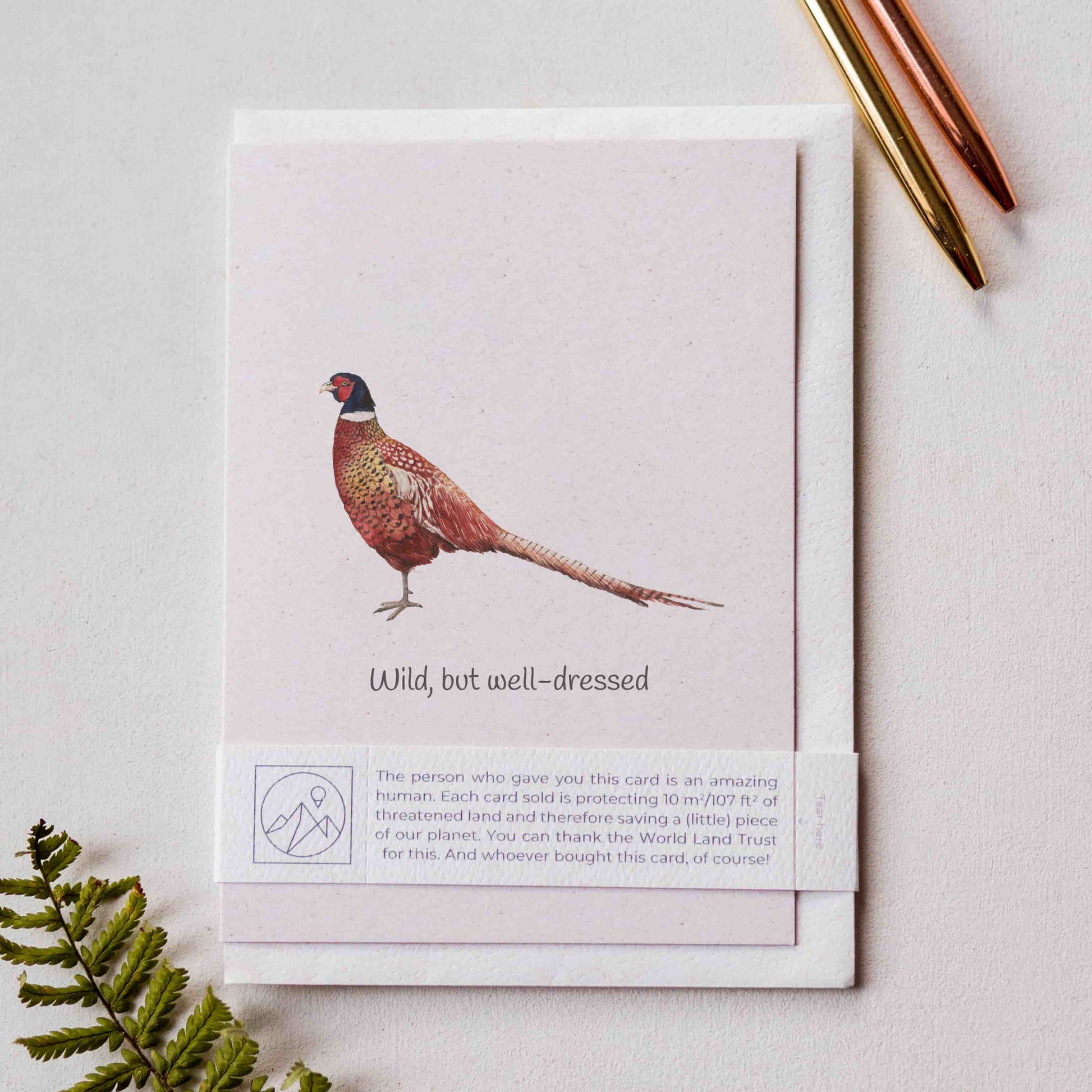 Celebration card that gives back with a pheasant illustration on a light background
