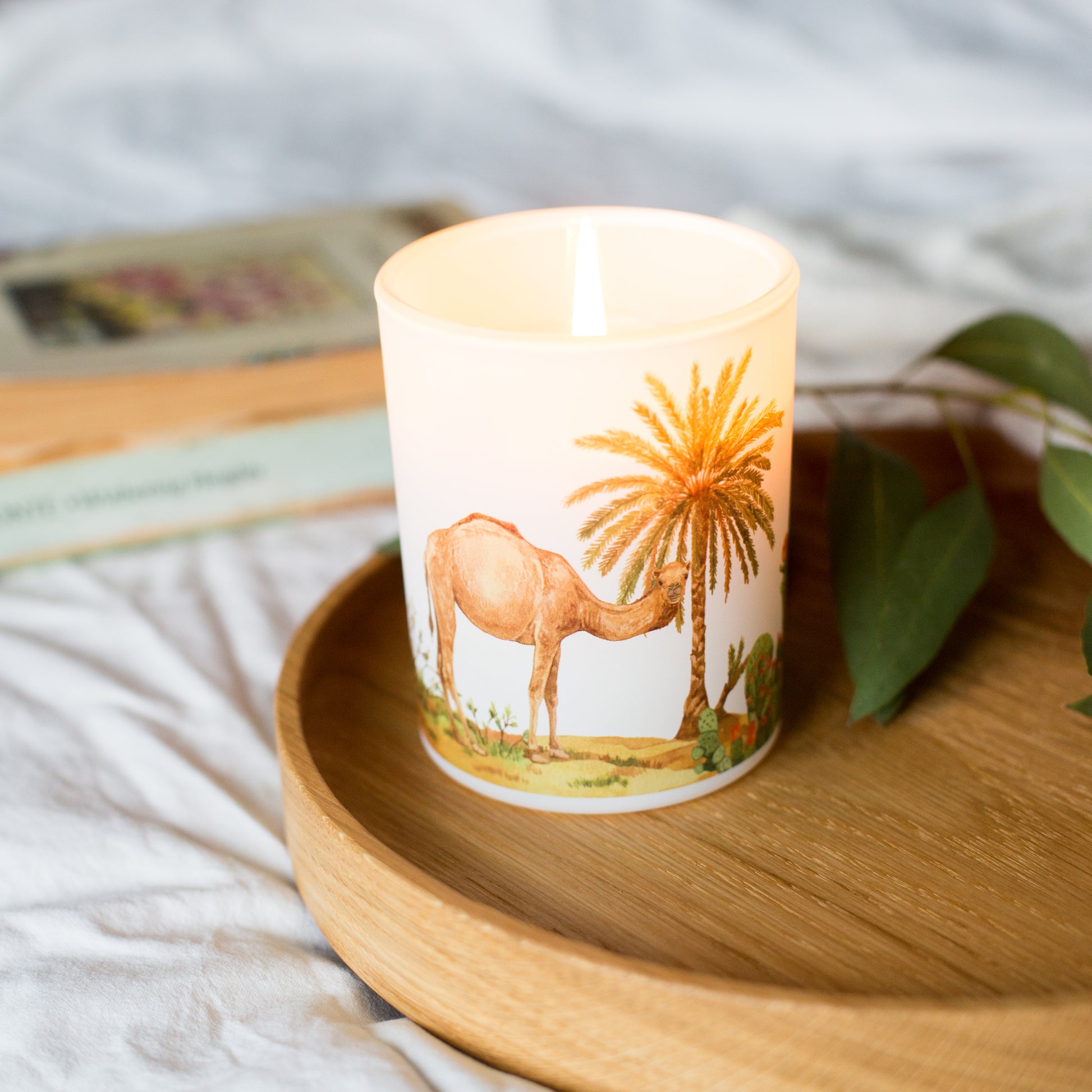 Lit Desert nature-inspired soy candle styled on a wooden tray, sustainable home fragrance inspired by warm desert landscapes.