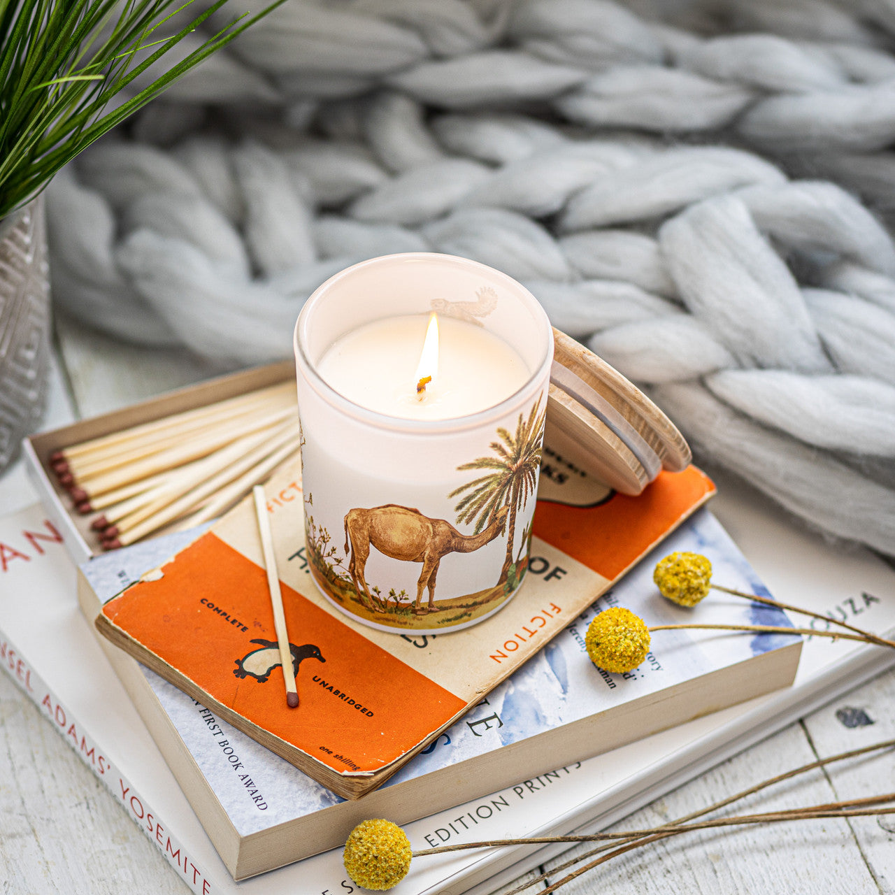 Desert soy scented candle with warming cinnamon and bergamot fragrance, featuring hand-illustrated camel desert design, sustainable eco-friendly gift.