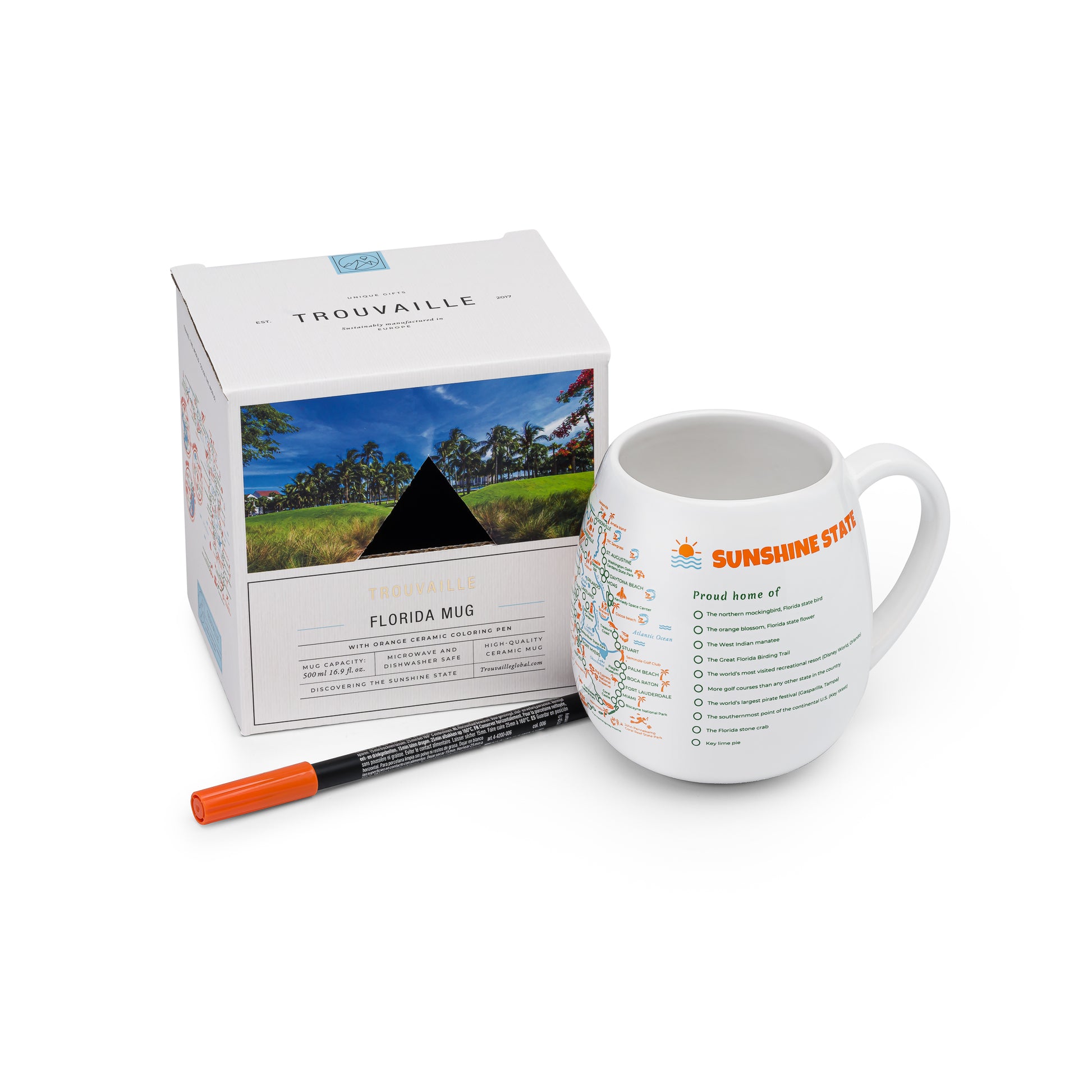 A white travel mug with a Florida map design, alongside an orange ceramic pen and packaging, vacation memory gift for Florida travelers