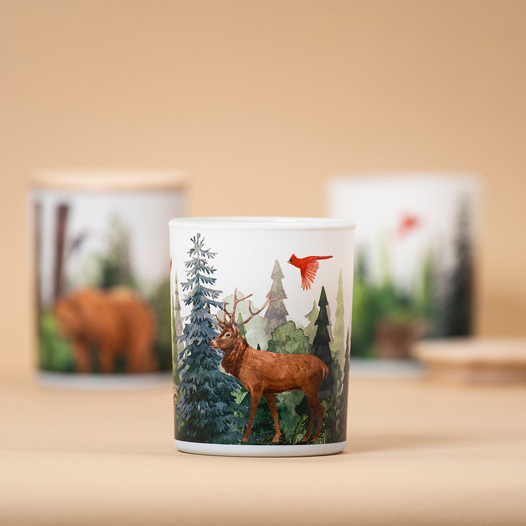 Forest soy candle featuring a 360-degree wildlife illustration with a deer and a northern cardinal, inspired by the woodland.