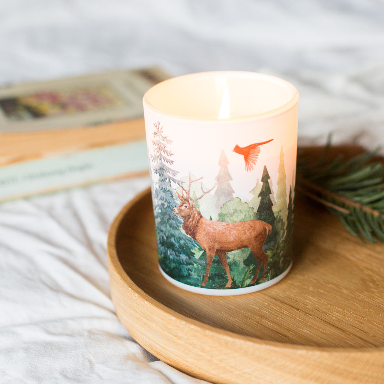 Forest nature-inspired soy candle styled on a wooden tray, sustainable home fragrance inspired by woodland landscapes.