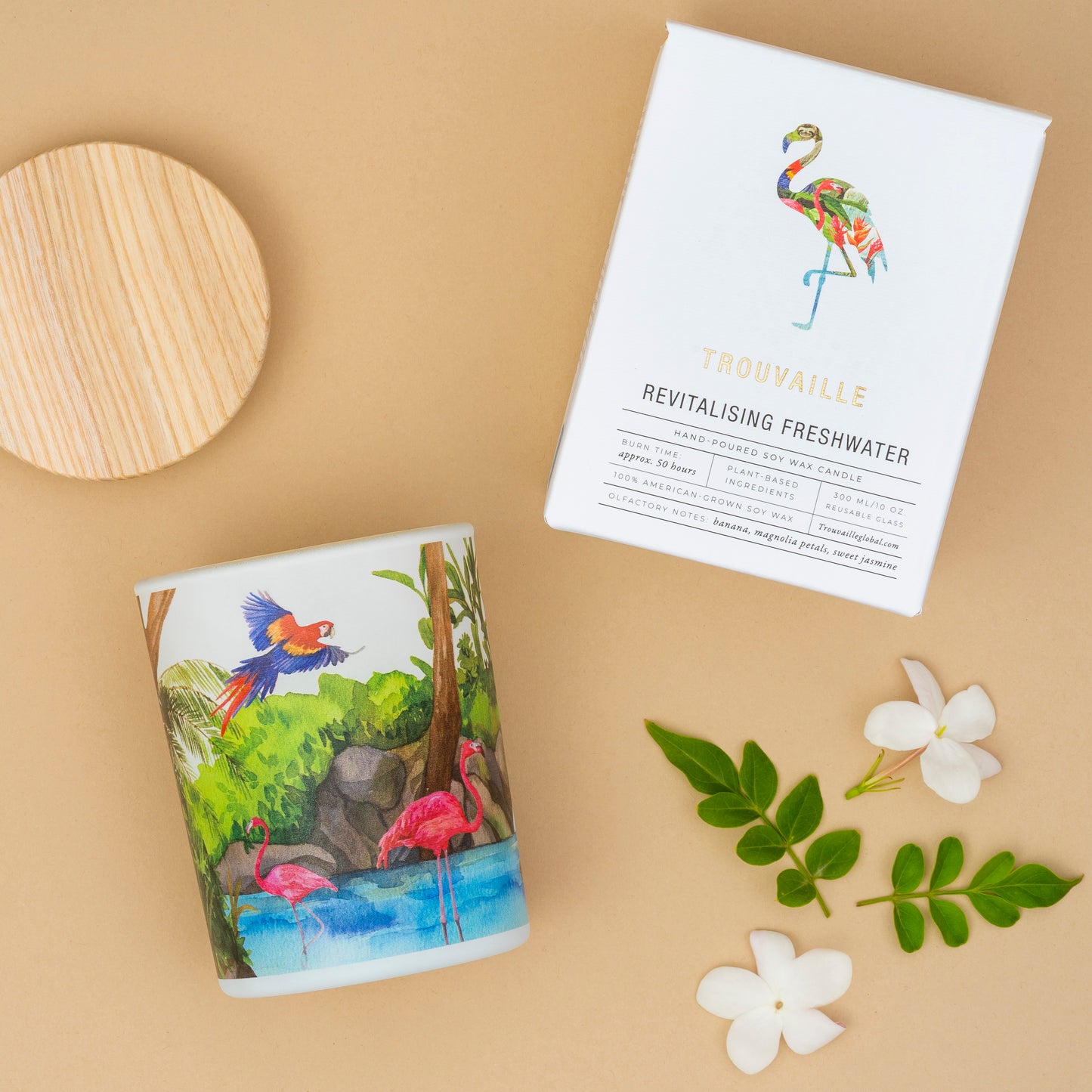 Freshwater sustainable soy candle and wooden lid with illustrated gift box packaging and jasmine flowers, eco-friendly travel and nature-inspired gift.
