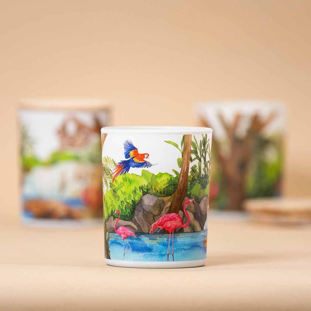 Freshwater soy candle featuring a 360-degree wildlife illustration with a macaw and flamingos, inspired by the tropical rainforest.