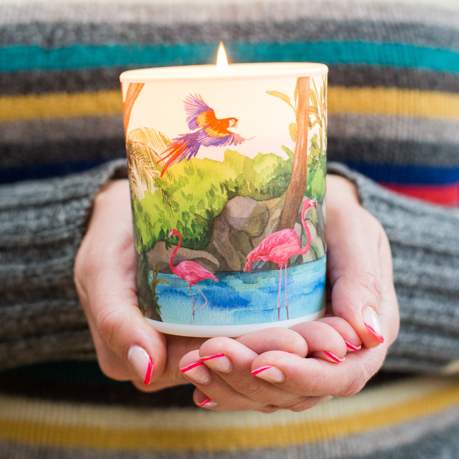 Freshwater sustainable soy candle held in hands, thoughtful eco-friendly gift inspired by rainforests and wildlife.