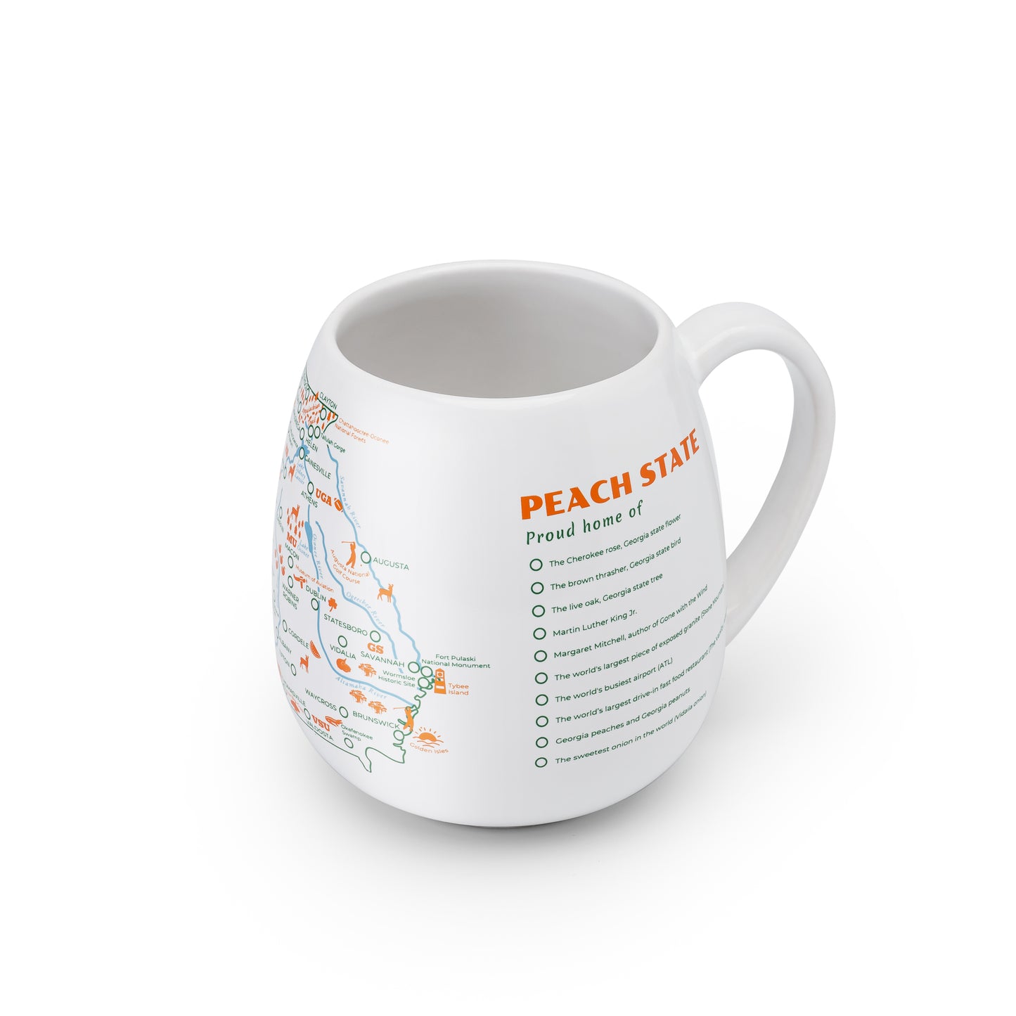 Right side detail of Georgia map color-in mug showing a list of experiences and places unique to the Peach state