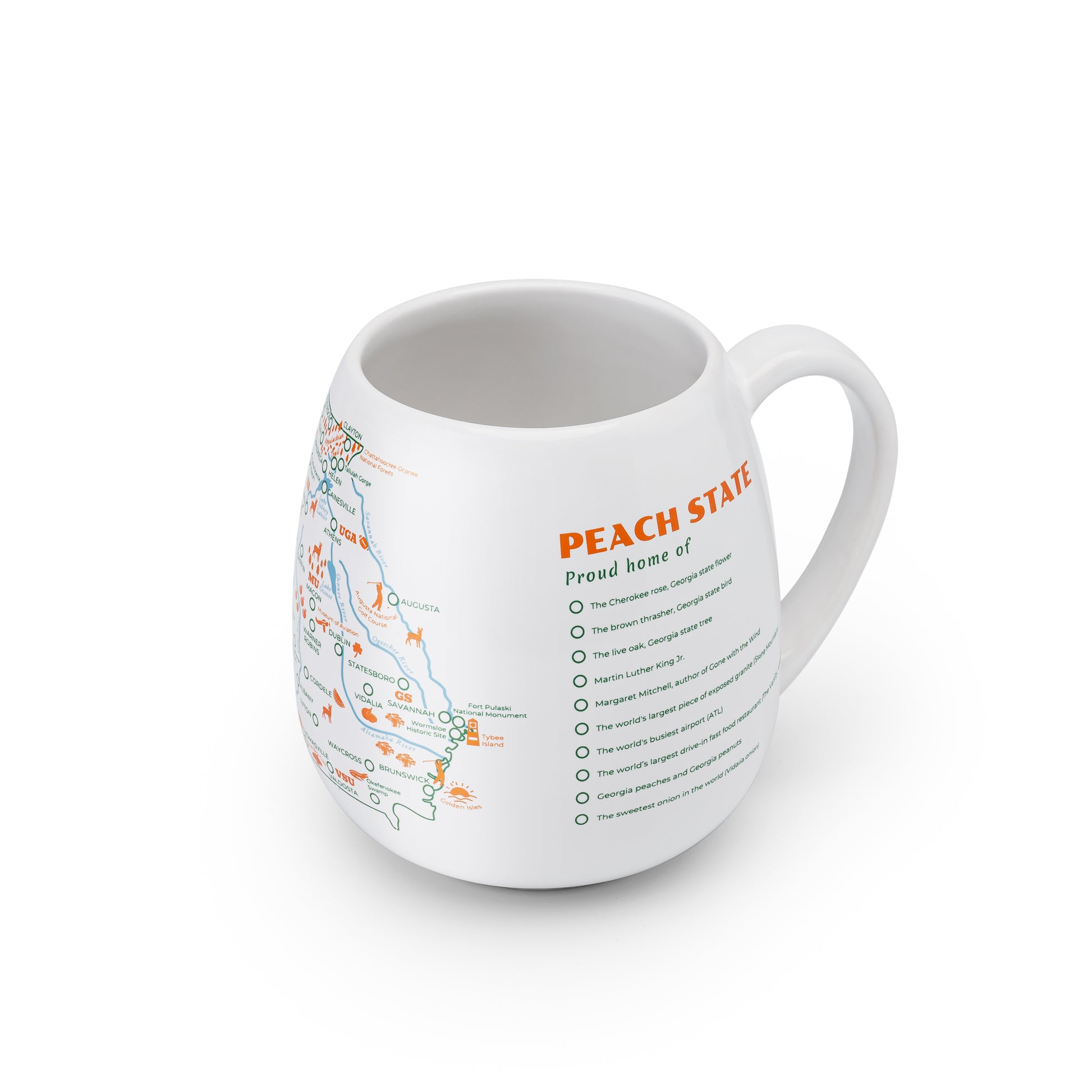 Right side detail of Georgia map color-in mug showing a list of experiences and places unique to the Peach state