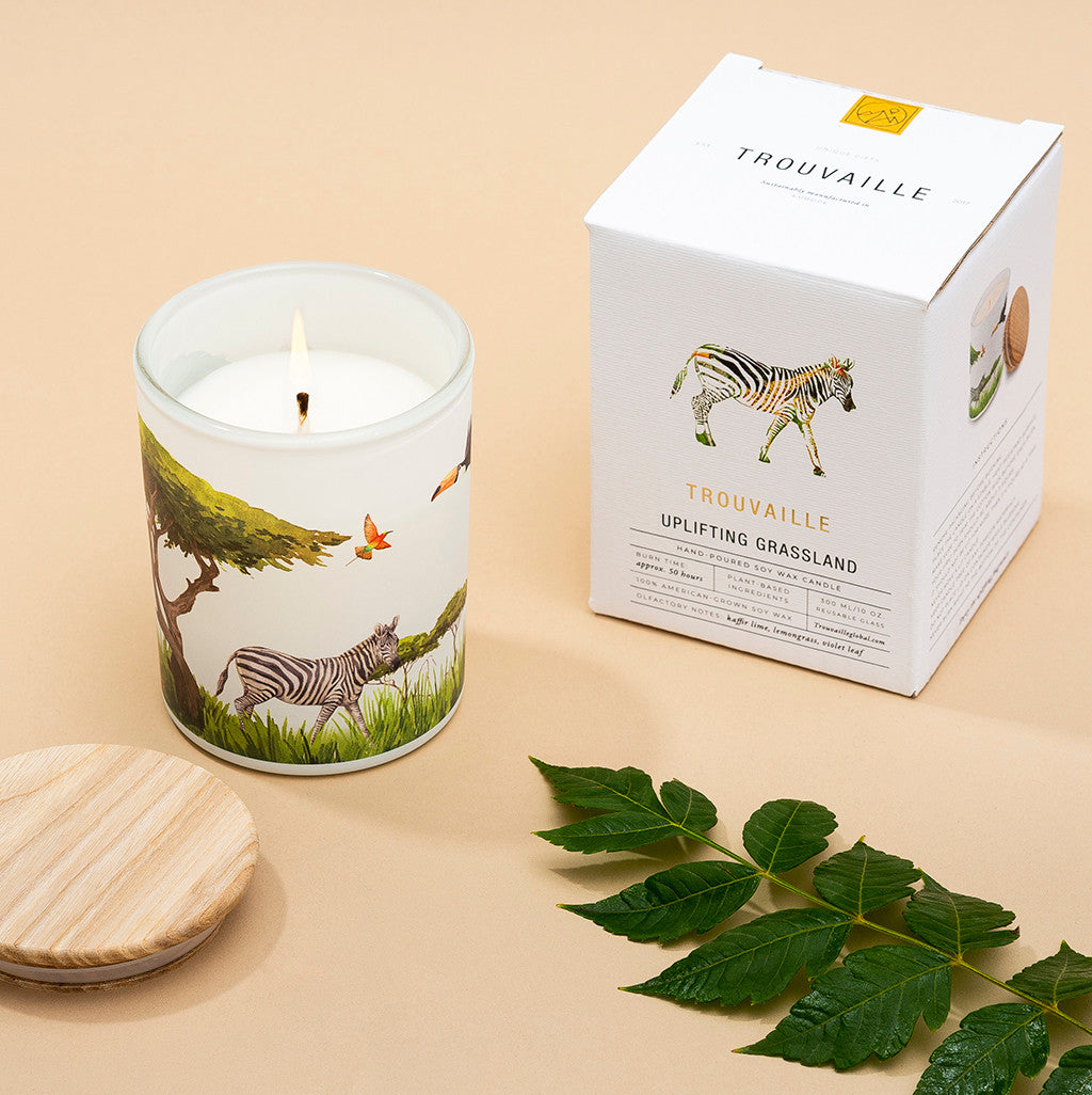 Grassland natural soy candle with recyclable packaging and decorative greenery. A thoughtful sustainable candle gift.