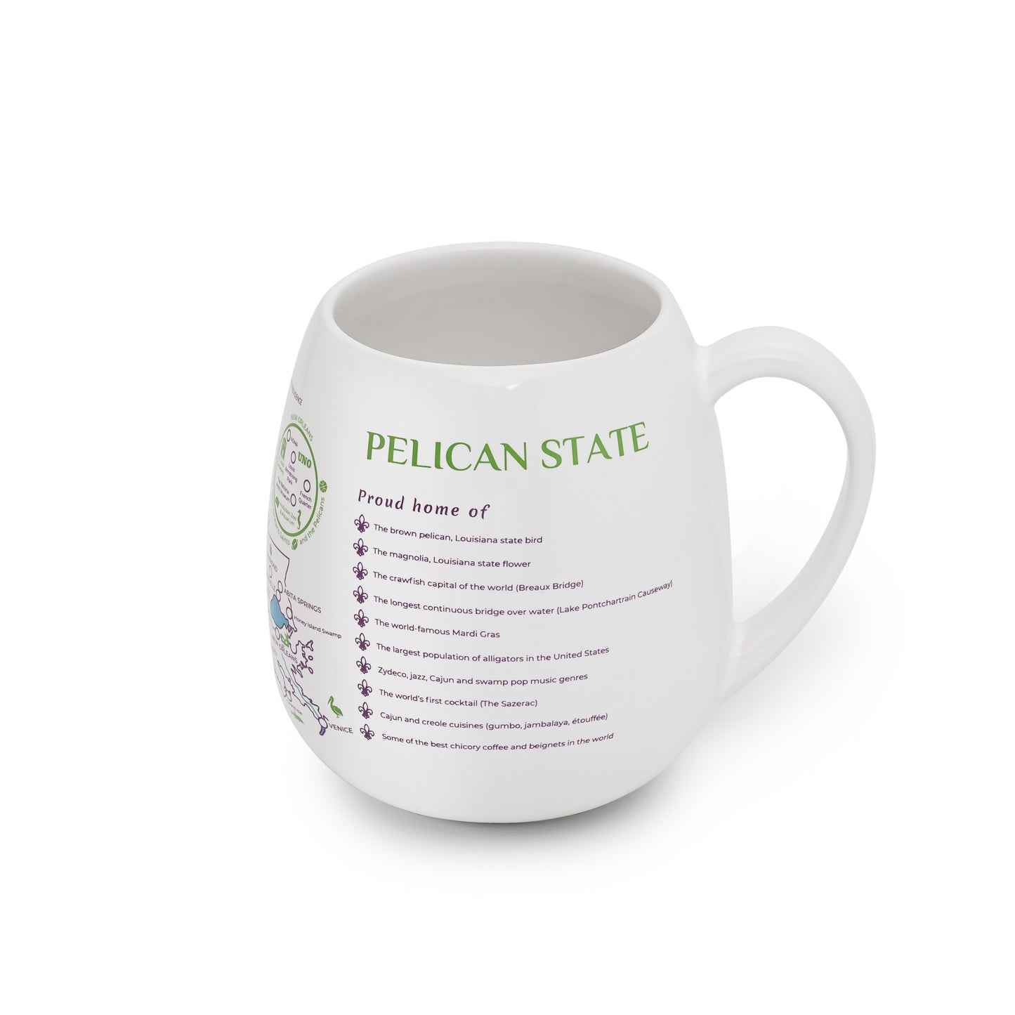 Right side detail of Louisiana map color-in mug to track your adventures in the Pelican state