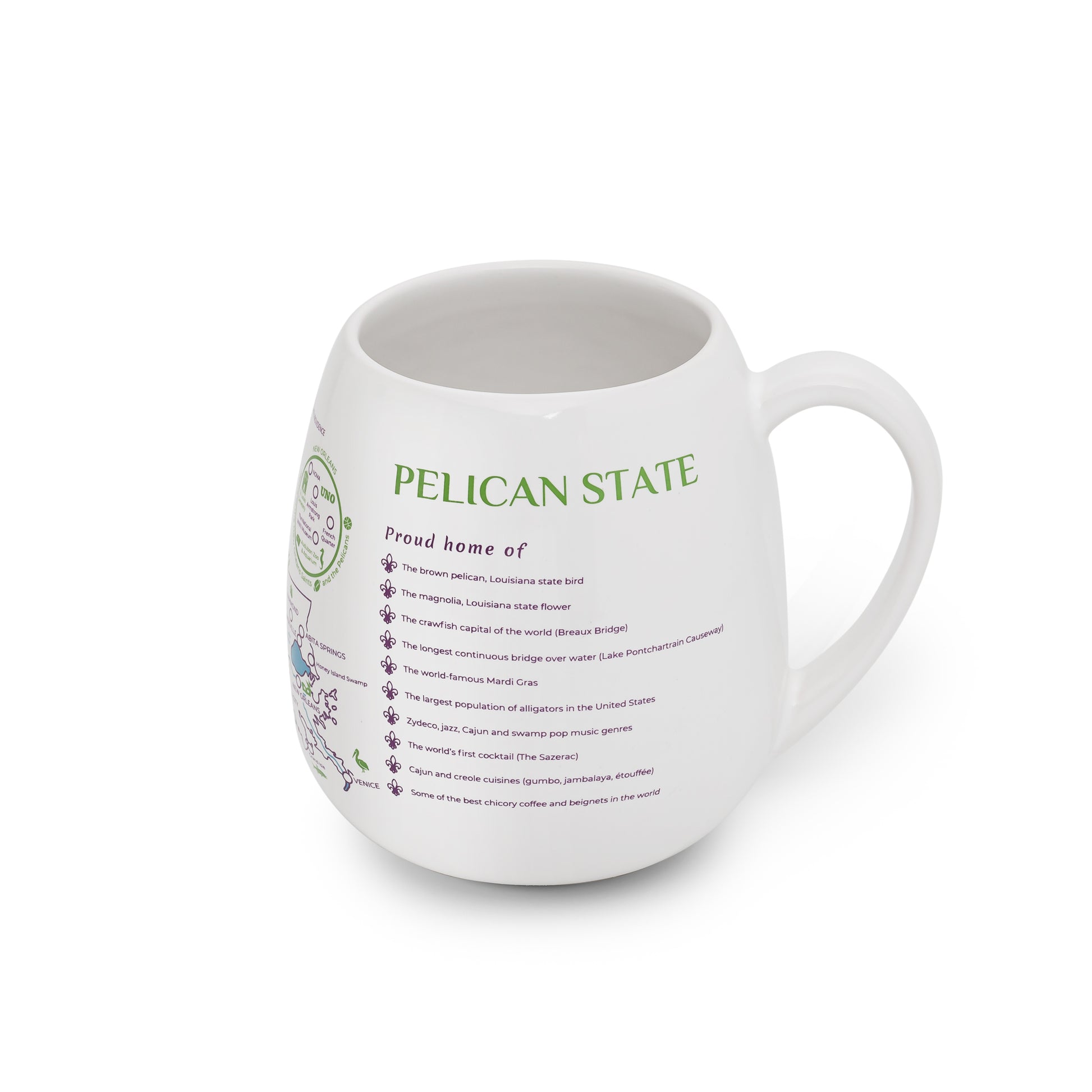Right side detail of Louisiana map color-in mug to track your adventures in the Pelican state