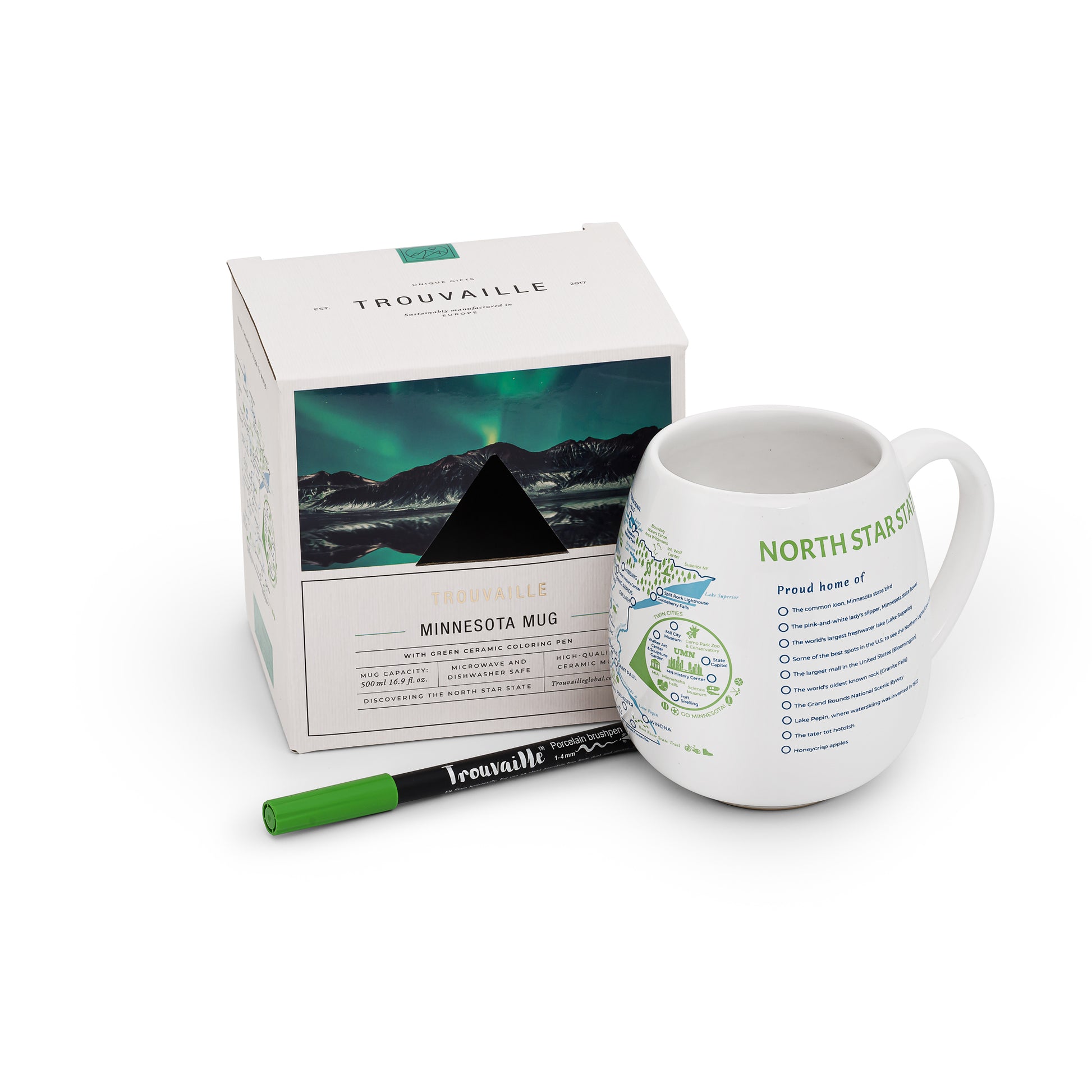 Minnesota map color-in travel mug with recyclable packaging and green ceramic pen, lakes adventure gift for outdoor lovers