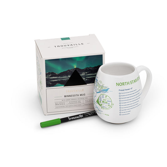 Minnesota map color-in travel mug with recyclable packaging and green ceramic pen, lakes adventure gift for outdoor lovers