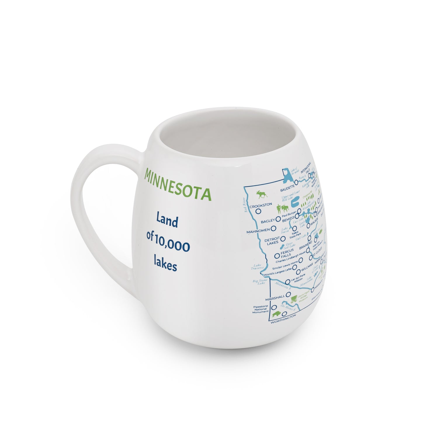 Left side detail of Minnesota travel checklist mug, ready to color in visited places across the state