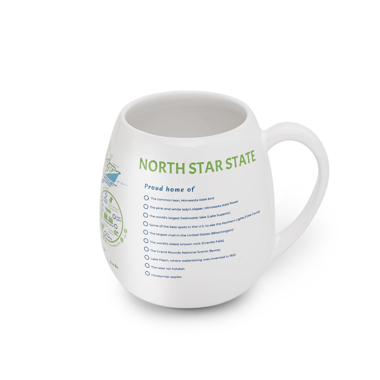 Right side detail of Minnesota map color-in mug showing a checklist of what the state is proud home of