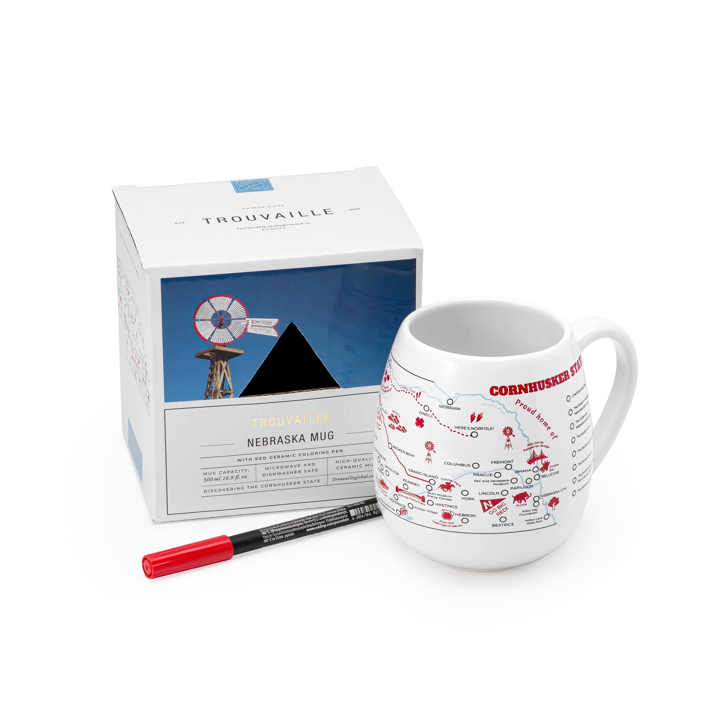 Nebraska map color-in travel mug with recyclable packaging and red ceramic market, Midwest travel souvenir and state pride gift